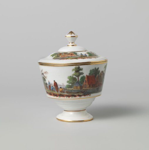 Sugar pot, painted with a river landscape with farms and figures
