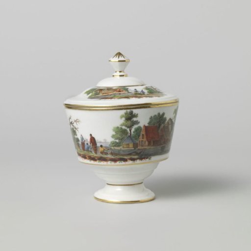 Sugar pot painted with a river landscape with farms and figures