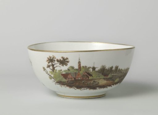 Washing Bowl, painted with a river landscape with two men on a bridge