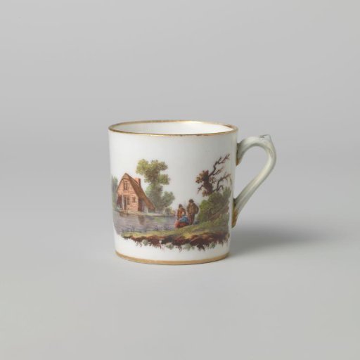 Coffee Cup, painted with a river landscape with farms and figures