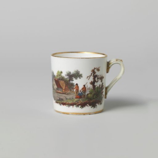 Coffee Cup, painted with a river landscape with farms and figures