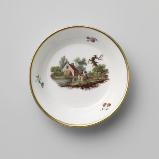Dish, painted with a river landscape with farms and figures