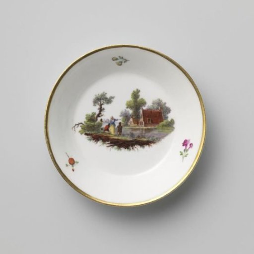 Dish, painted with a river landscape with farms and figures