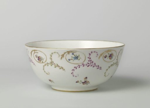 Spool bowl, painted with leafy tendrils and volutes containing a flower