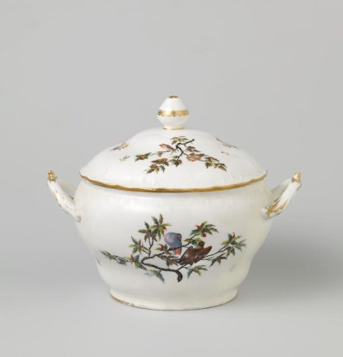 Tureen, painted with fruit branches and parrots