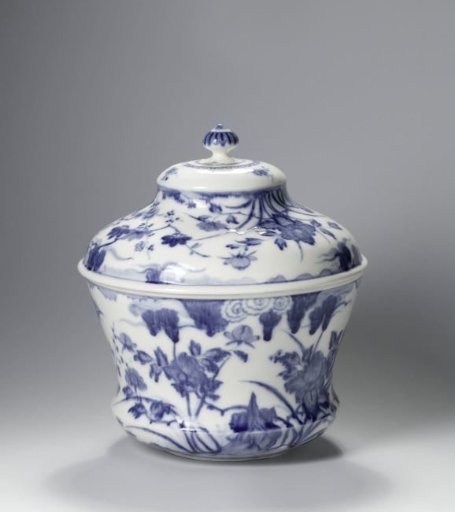 Punch bowl, painted with peonies, prunus, rocks and clouds