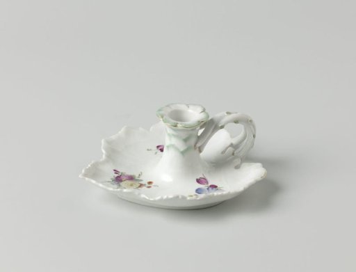 Blaker in the shape of a leaf with scalloped candlestick, polychrome painted with straw flowers