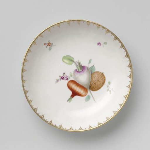 Plate, painted with vegetables and fruits surrounded by straw flowers