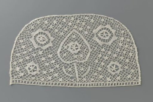 Half Tea Cap of Bobbin Lace with an Inverted Heart-Shaped Flower on a Stem with Two Leaves