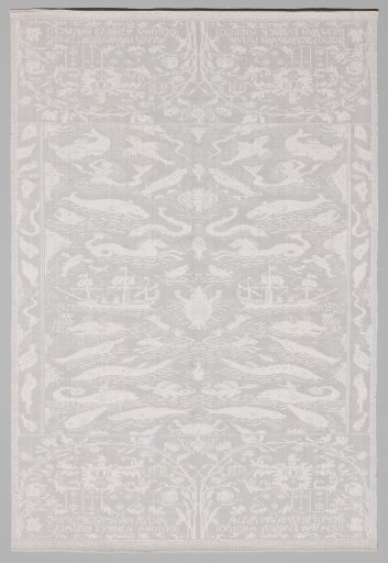 Napkin with ships, fish and the coats of arms of Scipio Meckama van Aijlva and Lucia van Eysinga