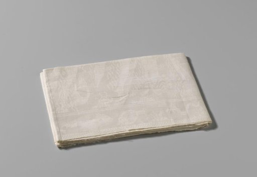 Napkin with ships, fish, and the coats of arms of Scipio Meckama van Aijlva and Lucia van Eysinga