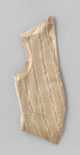 Waistcoat with three patch pockets and six convex cream buttons of silk brocade with broad diagonal stripes with wavy silver thread and narrow stripes with vine ornament of gold thread