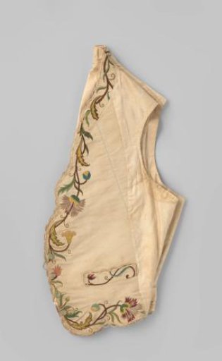 Waistcoat with two patch pockets and 4 fabric buttons of cream taffeta silk, with embroidered multicoloured floral and leafy vines and edged at front and bottom with scalloped openwork border