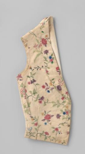 Waistcoat of cream silk, painted with floral and grapevine branches and straw bouquets in multicoloured gouache and silver paint, with shawl collar