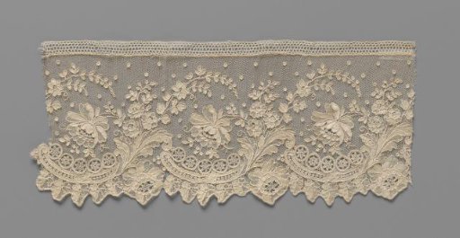 Needle lace strip with rose above a lying C-scroll