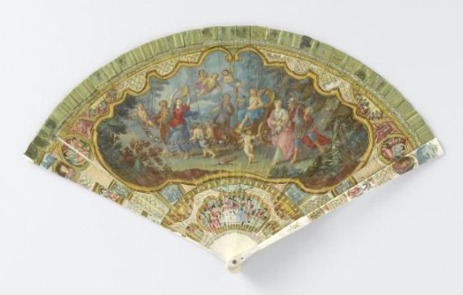 Ivory Brisé fan, entirely painted in tempera over which a lacquer-like varnish, with a central cartouche containing 'The Triumph of Love' on the front and an Arcadian seascape on the back, surrounded by chinoiserie