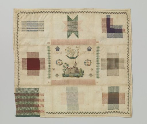 Darning patch of cotton with nine darns of various sizes worked in multicoloured silk, and in the centre a subject in petit point surrounded by crowns and wreaths with initials, ANNO 1837
