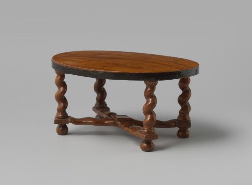 Table, oval in shape, veneered with olive wood