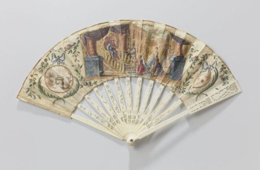 Folding fan with (rice) paper leaf depicting, in tempera, King Solomon and the Queen of Sheba, on an openwork and relief-carved ivory mount