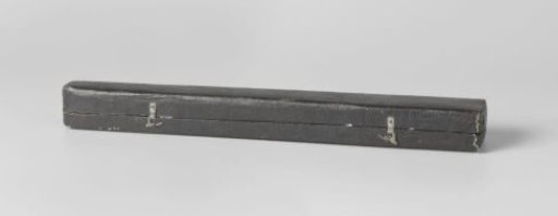 Fan case, tapering, covered with black paper and lined with blue paper, closure with two lead hooks and eyes