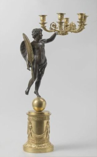 Candelabrum of partially gilded bronze, decorated with, among other things, palmettes, stylized floral scrolls, dancing putti with a garland, and a figure in a floating position holding a feather.