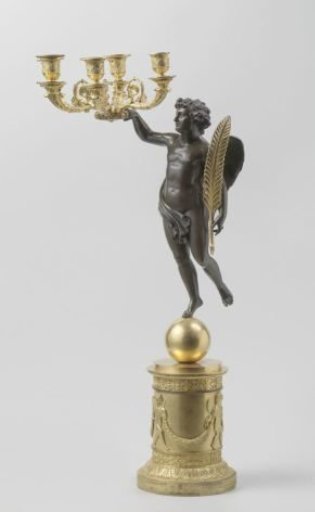 Candelabrum of partially gilded bronze, decorated with, among other things, palmettes, stylized floral scrolls, dancing putti with a garland, and a figure in a floating position holding a feather.