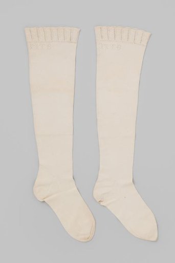 Stocking, Pair, Knitted with a Scrolled Top Edge, Decorated with Swags and Relief Between Open-Knitted Bands