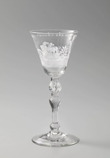 Wine glass with two dogs in a cart, drawn by two hares