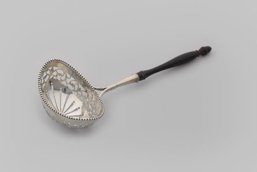 Sugar Spoon with Oval Openwork Bowl, Pearl Rim, and Wooden Handle