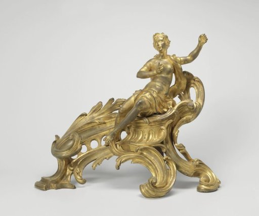 Fire Dog of Gilded Bronze on a Pedestal with Leaf Scrolls, Featuring a Man in a Fluttering Robe and a Woman Holding a Fragment of an Instrument in Her Left Hand, Missing the Trident