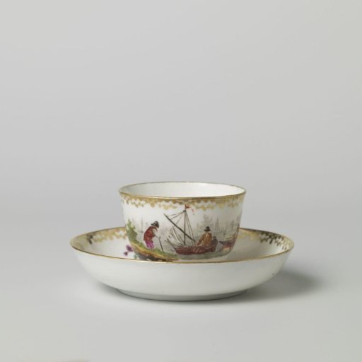 Cup and saucer, painted with figures in a water landscape. Vine scrolls along the edges