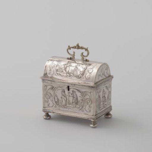 Knot chest on four ball feet. Decorated with engraved scenes relating to marriage.