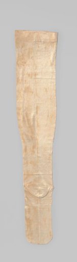 Stocking of white silk in stocking stitch, with two narrow pink stripes at the top and two embroidered decorative lines at the bottom, ending in a diamond in cross-stitch