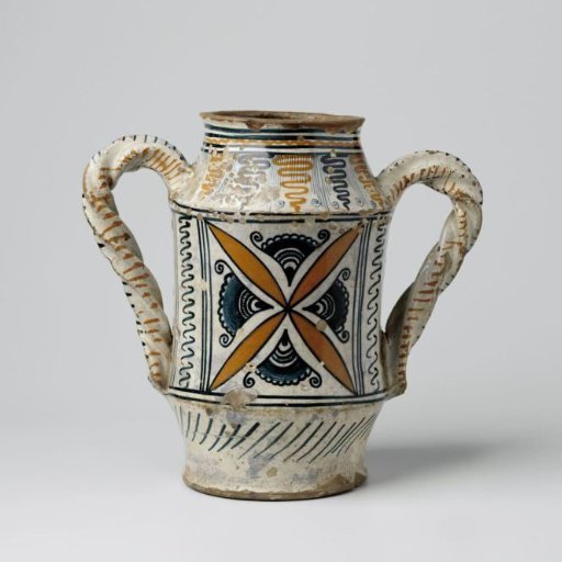 Pot with two twisted handles, decorated with star-shaped ornaments, pointed leaves, fan shapes, and spirals