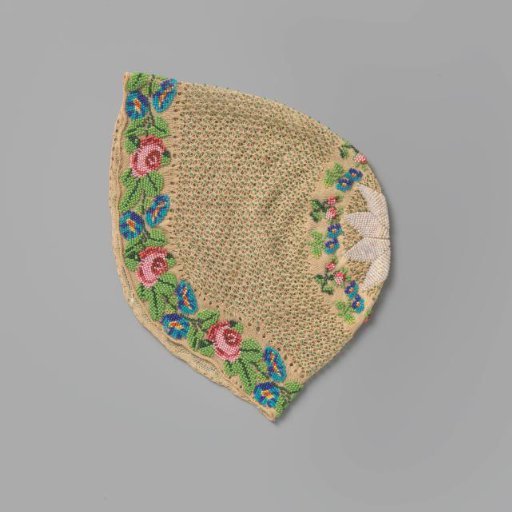 Openwork beige cap with green beads, surrounded by knitted borders with bead decoration in colorful floral motifs, and a star-shaped floral motif of white beads on top