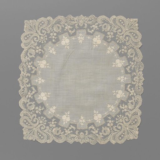 Handkerchief of batiste with a drawn-work border and embroidery