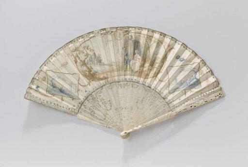 Folding fan with parchment leaf, on the front a pastoral scene and on the back a woman under a tree, on a mount of carved ivory
