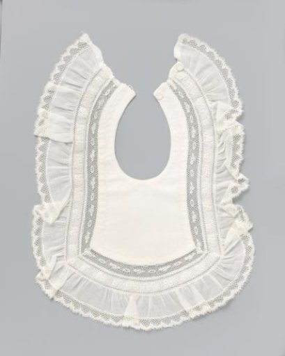 Slab with Vertically Woven Stripe, Surrounded by a White Embroidered Zigzag Border and Decorated with Valenciennes Lace, Embroidery, and Ruche