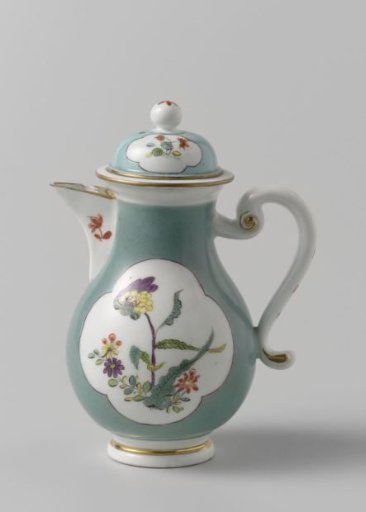 Milk jug, polychrome painted with flowering branches on a sea-green ground