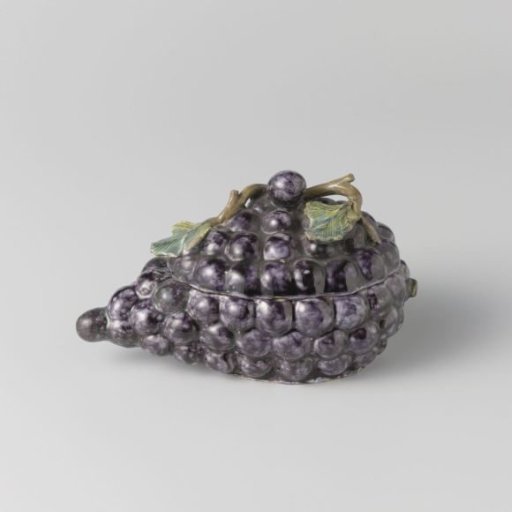 Tureen of multicoloured painted faience in the form of a grape cluster, with lid and saucer