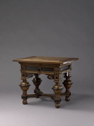 Baluster table with drawer on turned baluster legs connected by an H-shaped stretcher with inlaid stringing; decorated with cut ebony volutes, drops, and flat knobs