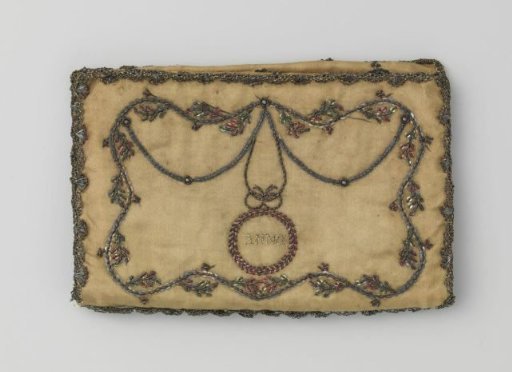 Letter bag in rectangular shape of light brown silk trimmed with a border of gold lace and decorated with metal spangles and gold thread, with 'ANNO' and '1781' embroidered on it