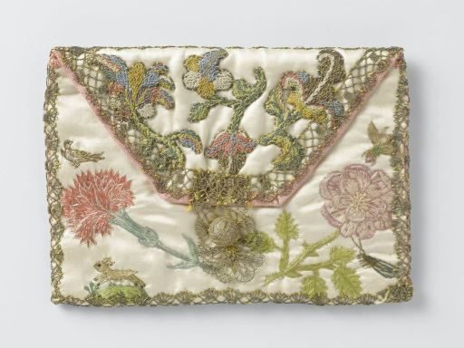 Letter bag in rectangular shape of ivory-colored satin, with flowers embroidered in multicolored woolen thread, with the year 1713 on the reverse