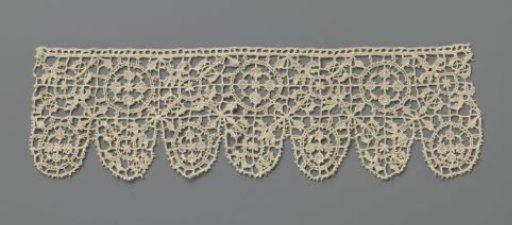 Strip of needle lace with two types of rosettes in squares