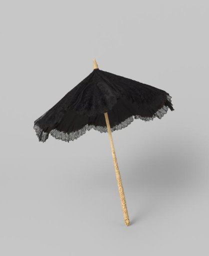 Carriage parasol with a cover of black Chantilly lace with a pattern of arches containing flowers, on a stick of relief-carved ivory with birds, dragons, and flowers