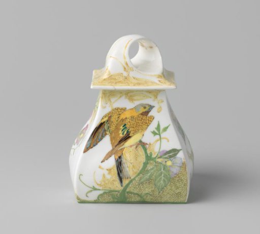 Inkwell with Lid of White Porcelain Decorated with Primulas and Birds