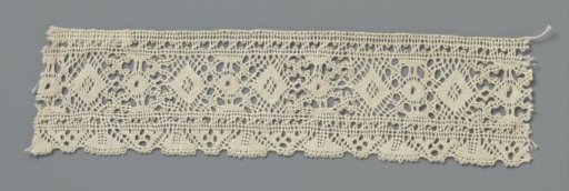 Strip of bobbin lace with diamonds and pointed ovals and a border with triangles