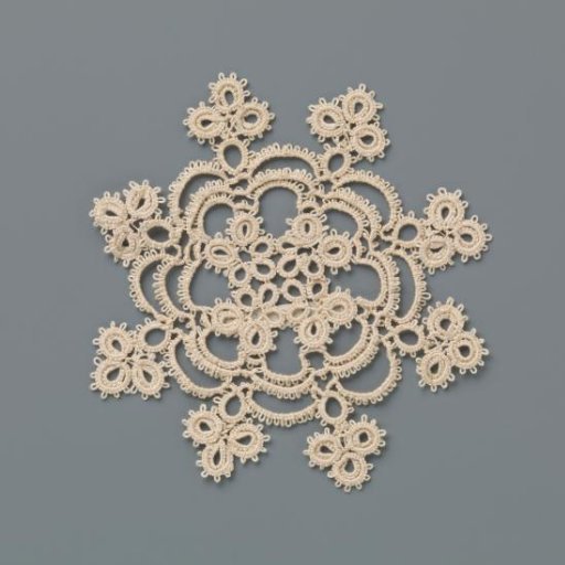Doily of knotted lace with loose shells, three loops and picots