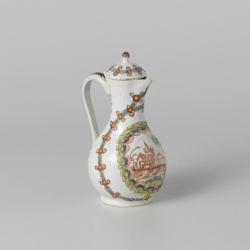Milk Jug with Lid of Polychrome Painted Faience with a Landscape Decoration