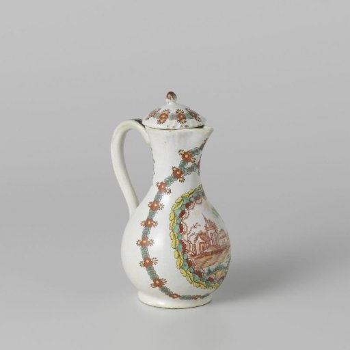 Milk jug with lid of polychrome faience decorated with a landscape